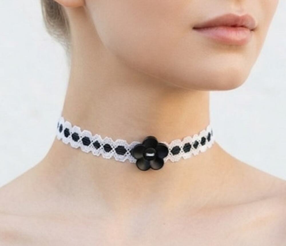 Handmade Retro Parisian Style Choker Necklace w/ Black Flower Button Centerpiece